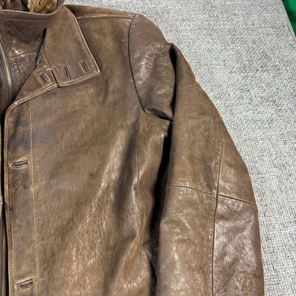 Danier Leather Car Coat Mens Large Brown Faux Fur Collar Double Layer Jacket - Picture 3 of 16